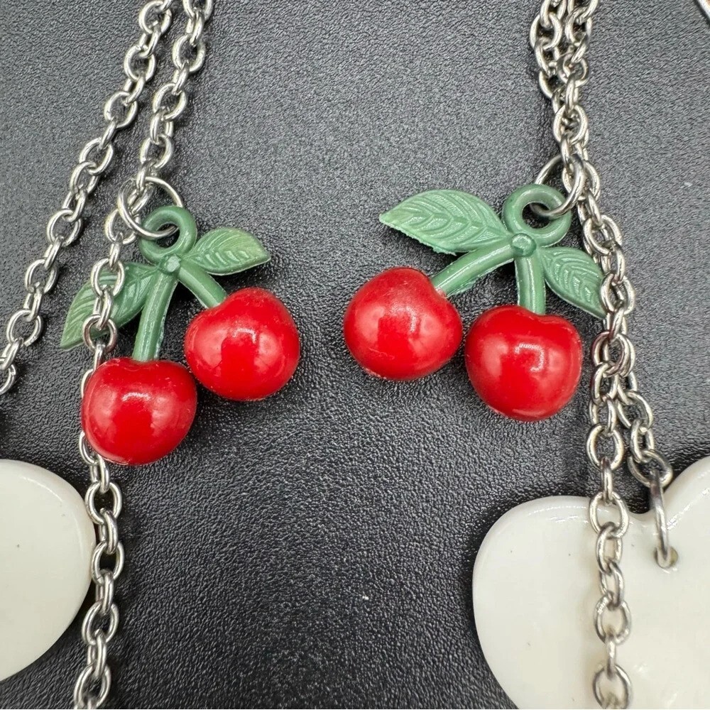 Red Cherry Heart Dangly Earrings 90s Style - Picture 6 of 11